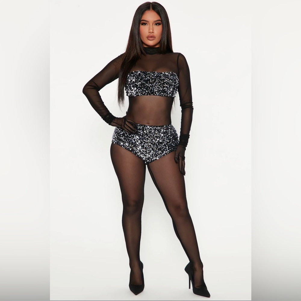 3 Piece Mesh Jumpsuit Set - Black (Similar to Khloe Kardashian sparkly suit)